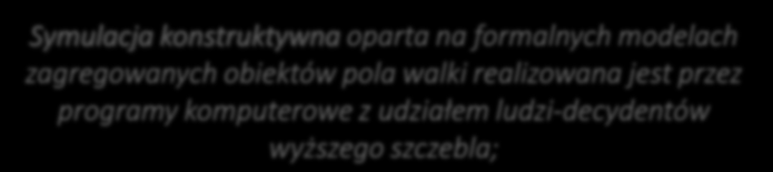 Klasyfikacja systemów symulacji Niska rozdzielczość Symulacja konstruktywna oparta na formalnych modelach konstruktywna zagregowanych obiektów pola walkisymulacja realizowana jest przez (agregaty