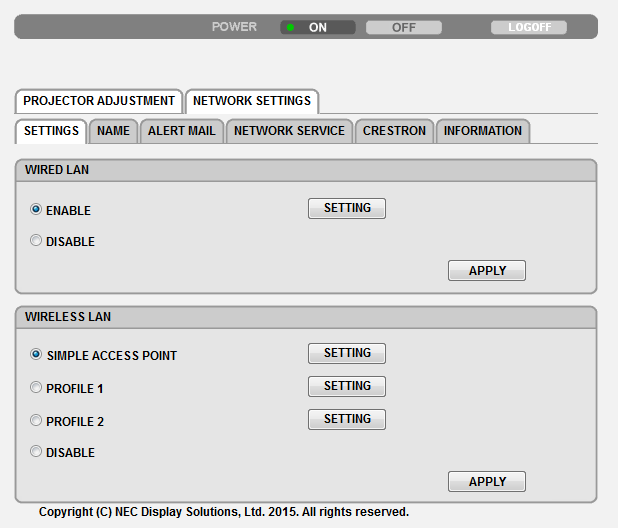 3. Przydatne funkcje NETWORK SETTINGS (Ustawienia sieciowe) SETTINGS (Ustawienia) WIRED (Przewodowe) lub WIRELESS (Bezprzewodowe) SETTING (Ustawienie) APPLY (Zastosuj) DHCP ON (DHCP wł.