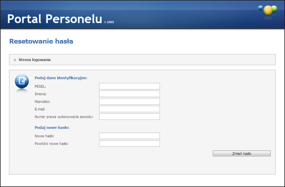 10 Portal Personelu Medycznego Po kliknięciu przycisku Resetowanie hasła, jeżeli zostały poprawne dane identyfikacyjne na adres e-mail zostanie wysłany link do strony umożliwiającej ustawienie nowego