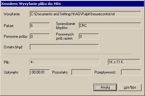 Sterownik programowalny MAX Logic H01 Następnie rozwinąd zakładkę Transfer i wybrad opcję Wyślij plik Otworzy się okno Wysyłanie pliku.