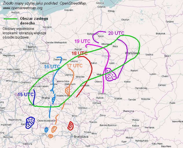Obrazek 12: Rozwój zjawiska derecho w dniu 23.07.2009 nad Czechami, Polską i Niemcami. Kolorowe linie oznaczają lokalizację i przemieszczanie linii szkwałowej oraz bow echo.