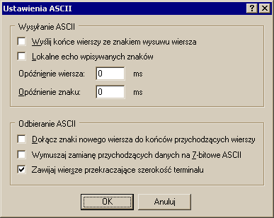 Otworzy się okno Właściwości: COM... Wybrać zakładkę: Ustawienia. W oknie wyboru Emulacja ustawić TTY (pozostałe ustawienia bez zmian).