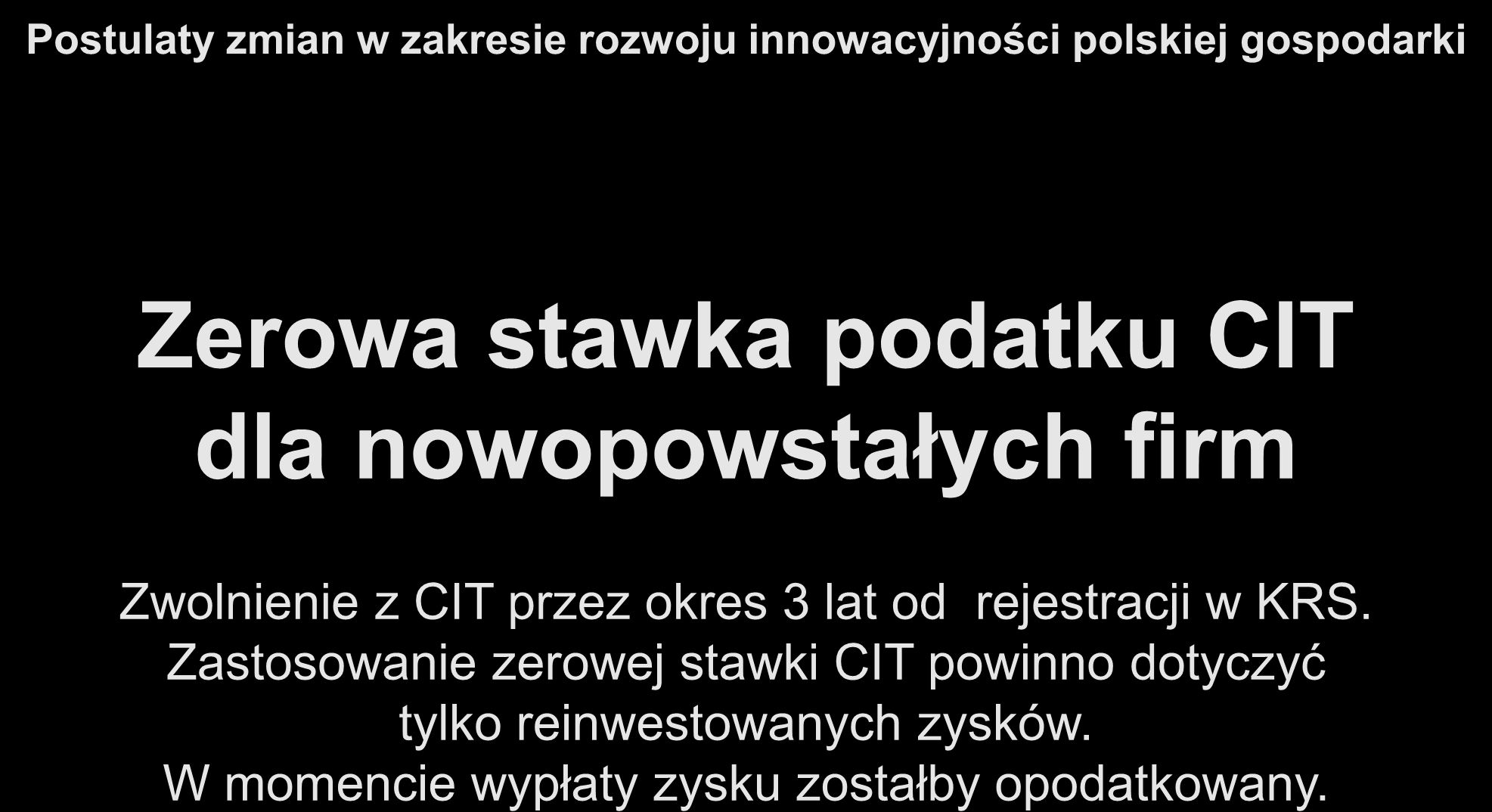 Postulaty zmian w zakresie rozwoju innowacyjności polskiej gospodarki Zerowa stawka podatku CIT dla nowopowstałych firm Zwolnienie z CIT przez okres 3