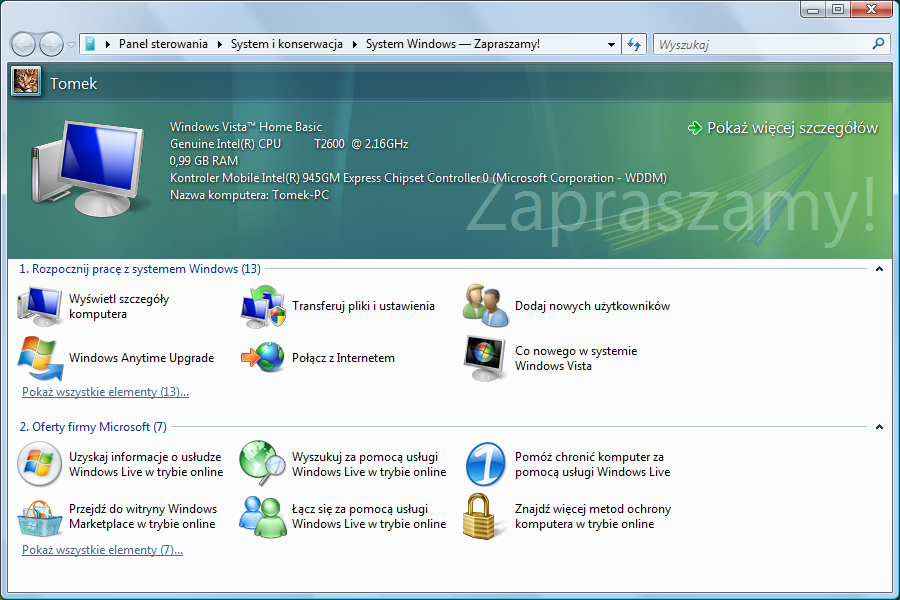 Windows Vista System Windows - Zapraszamy! Przy pierwszym wyświetleniu pulpitu systemu Windows Vista zobaczą Państwo centrum powitalne.