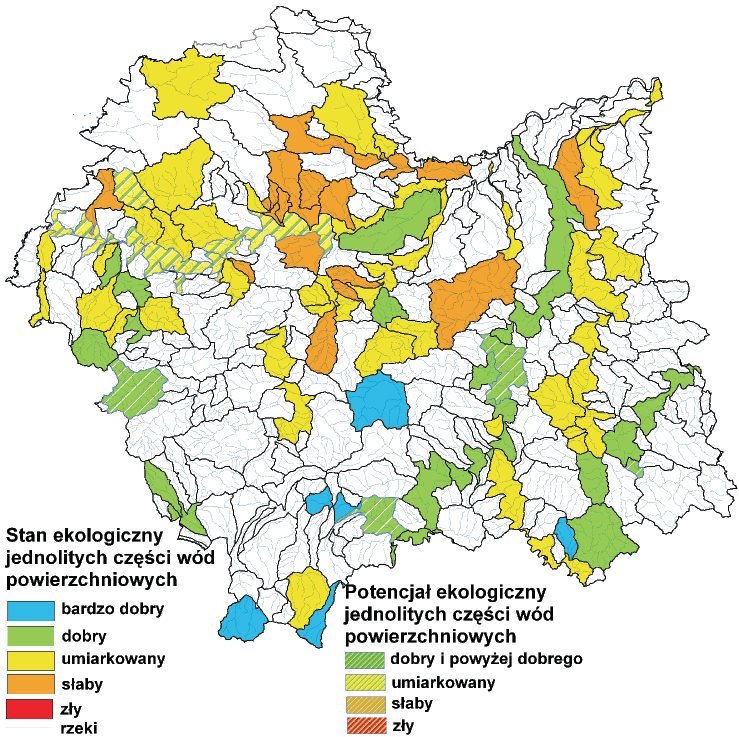 Ryc. 6 Stan ekologiczny monitorowanych jednolitych części wód w Małopolsce w roku 2008 [22] Ryc.