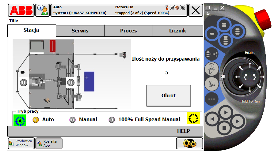 Rys. 5. Widok pakietu ScreenMaker. Źródło własne Panel operatora zawiera cztery główne okna: Stacja, Serwis, Proces, Licznik (rys. 6). Rys. 6. Widok zakładki Stacja zaproponowanego panelu.