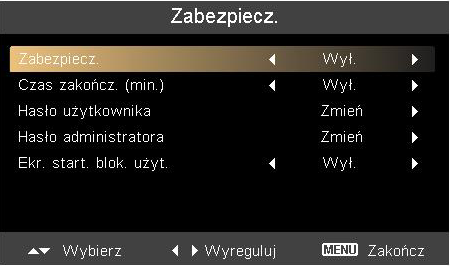 27 Zabezpiecz. X111/X1140/ X1140A/X1240/ X1340W Zabezpiecz. Ten projektor udostępnia użyteczną dla administratora funkcję zabezpieczenia, umożliwiającą zarządzanie używaniem projektora.