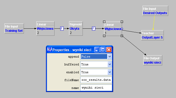 Czas przetestować seć. Dodaj do edytora NewFleOutputLayer ustaw jego włąscwośc jak na rysunku. Ustaw właścwość Teacher enabled na false.
