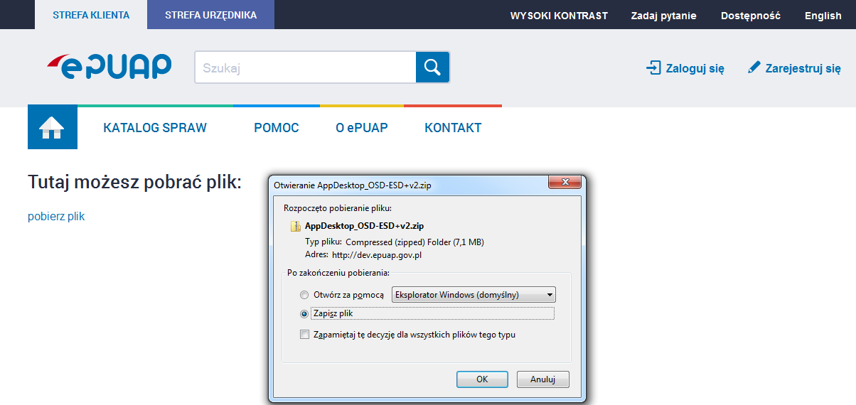 Rysunek 2. Pobieranie pliku Krok 3 2 Użytkownik rozpakowuje zapisany plik AppDesktop_OSD-ESD.zip do katalogu docelowego z aplikacją. Następnie dwukrotnie klika na plik ESD_Desktop-jfx.