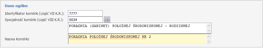 Struktura świadczeniodawcy Dane podstawowe komórki organizacyjnej (wypełnione przykładowymi danymi) W trybie edycji danych istnieje możliwość zmiany nazwy komórki.