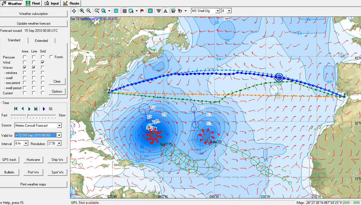 Bernard Wiśniewski Fig. 9. The weather situation in the Atlantic on 15 IX 2010, ship s position in Gibraltar and the considered routes scheme [own work with the use of SPOS] Rys.9. Sytuacja pogodowa na Atlantyku w dniu 15 IX 2010 r.