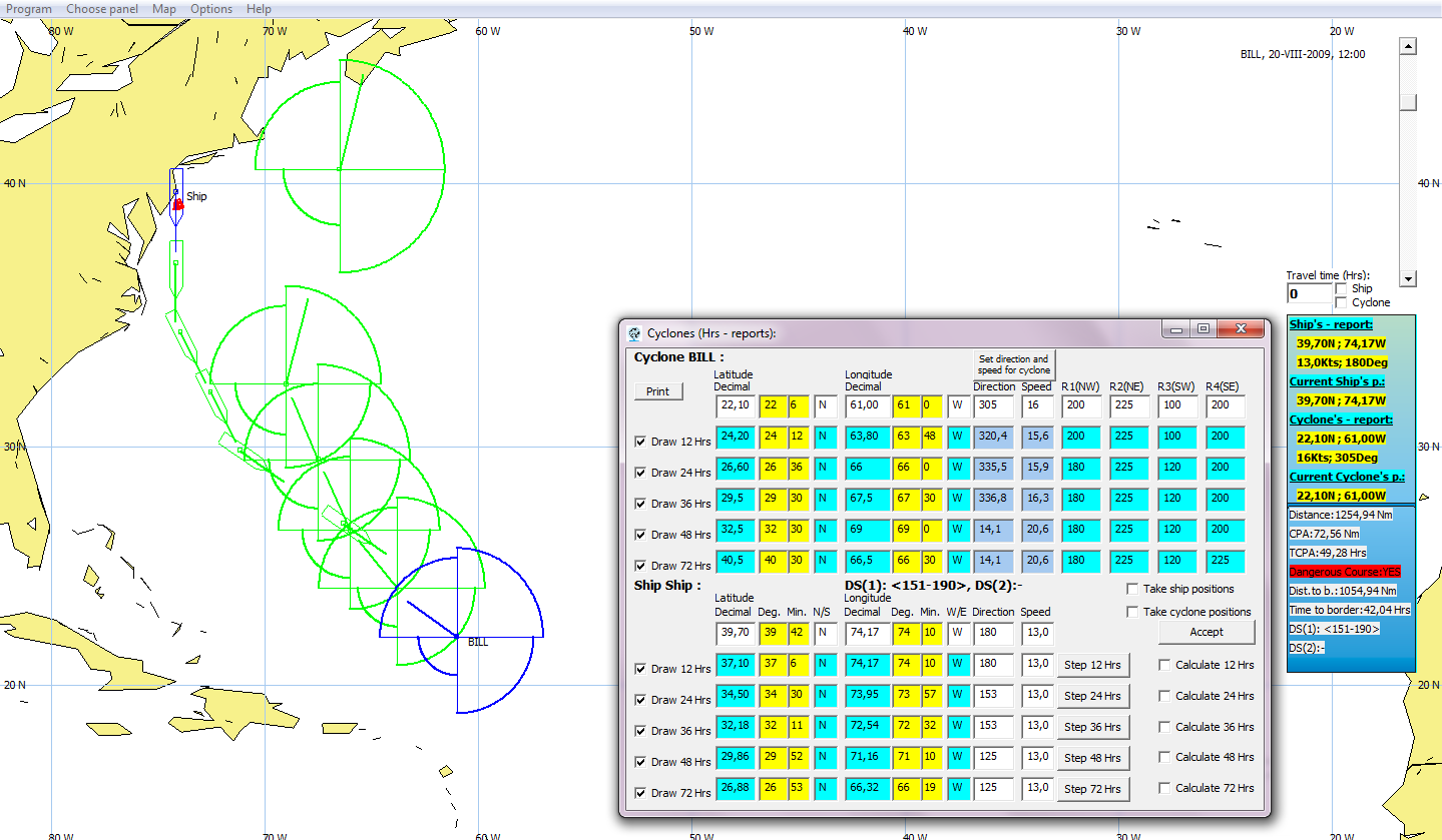 Bernard Wiśniewski Fig. 13. Graphic example of cyclone s passing with the numerical data in stages to 72 hour Rys. 13. Przykład graficzny omijania cyklonu przez statek wraz z danymi liczbowymi w etapach do 72 godzin Fig.