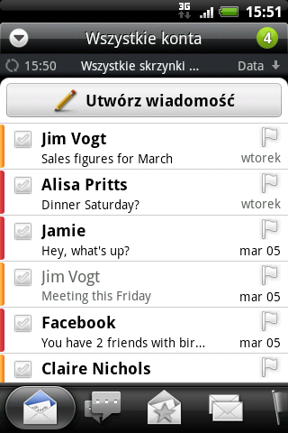 133 E-mail Sprawdzanie skrzynki odbiorczej aplikacji Poczta Po otwarciu aplikacji Poczta wyświetlana jest skrzynka odbiorcza jednego z kont e- mail skonfigurowanych w telefonie HTC Wildfire S.
