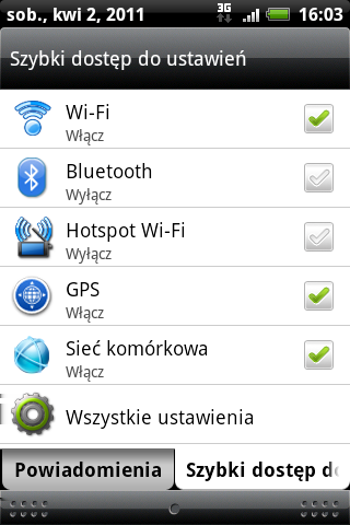 28 Informacje podstawowe Korzystanie z Szybkich ustawień Karta Szybkie ustawienia umożliwia łatwe włączanie funkcji Wi-Fi, Bluetooth, GPS i innych oraz umożliwia szybkie przechodzenie do wszystkich