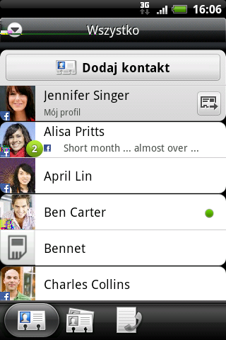 67 Kontakty Twoja lista kontaktów Karta Wszystkie aplikacji Kontakty wyświetla wszystkie kontakty z telefonu HTC Wildfire S i z kont online, w których zalogowany jest użytkownik.