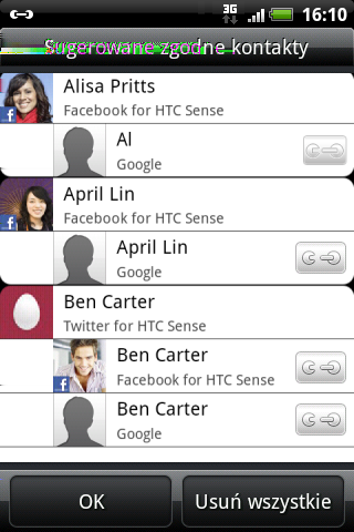 Łączenie informacji o kontaktach Jeśli posiadasz te same kontakty w telefonie HTC Wildfire S, na koncie Google i na kontach w sieciach społecznościowych, takich jak Facebook i Twitter, telefon HTC