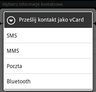 73 Kontakty Wysyłanie informacji o kontakcie jako wizytówkę vcard Możesz w łatwy sposób udostępniać własne dane kontaktowe lub dane dowolnego kontaktu zapisanego w telefonie HTC Wildfire S. 1.