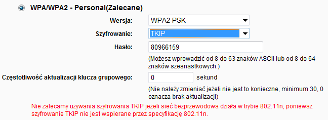 bezprzewodowe. Zalecane jest wybranie jednego z poniższych typów zabezpieczeń. WPA/WPA2 - Personal - Uwierzytelnianie WPA/WPA2 w oparciu o hasło. Wersja - wersja szyfrowania.