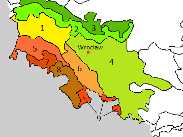 Rysunek 1.3. Podprowincje i makroregiony fizycznogeograficzne Polski południowozachodniej według Kondrackiego (2002). Niziny Sasko-Łużyckie: Nizina Śląsko-Łużycka (1).