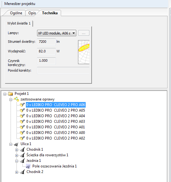 5. Wstawianie do projektu opraw oświetleniowych. Gdy mamy już skonfigurowaną ulicę możemy przystąpić do wyboru opraw oświetleniowych, których parametry będą odpowiednie dla projektowanej ulicy.
