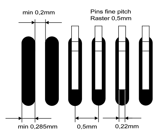 Odległości między elementami nie powinny być mniejsze niż 0,5mm Projektowanie pól lutowniczych dla układów fine pitch 0,5mm Pola lutownicze pod układy BGA Należy przestrzegać dokumentacji producenta