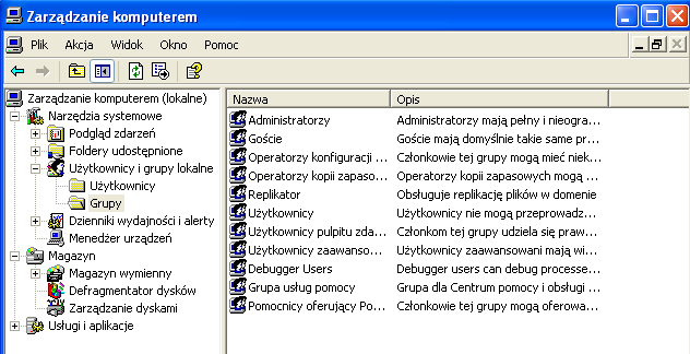 Lista grup wbudowanych oraz ich uprawnienia przedstawia się następująco: Administratorzy Członkowie tej grupy mają całkowitą kontrolę nad komputerem.