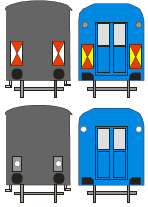 Sygnał Pc 4 Oznaczenie czoła pociągu jadącego wagonami naprzód (dzienny: dwie tarcze prostokątne o powierzchniach odblaskowych, podzielone na cztery trójkąty z których górne i dolne są czerwone,