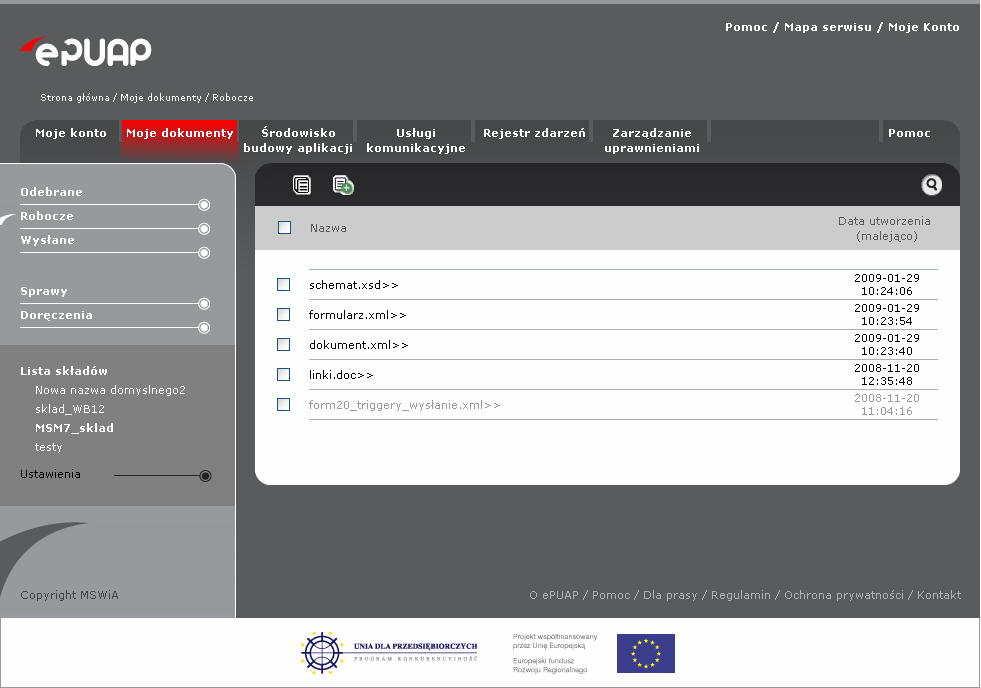 Rysunek 31 Folder robocze 3.4. Usunięcie dokumentu ze składu Krok 1. W dowolnym folderze (Rysunek 32) zaznaczyć checkbox przy dokumencie, który zostanie usunięty a następnie nacisnąć przycisk Usuń.