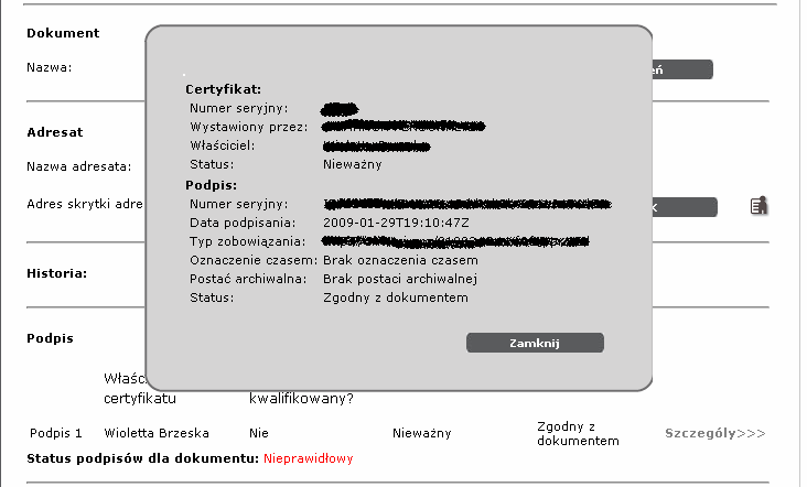 Rysunek 58 Wynik weryfikacji podpisu 6.2. Weryfikacja dokumentu Krok 1 W dowolnym folderze Składu dokumentów (Błąd!