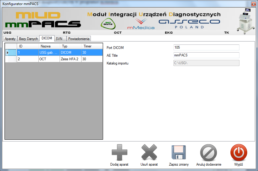 Zakładka DICOM umożliwia określenie portu oraz parametru AE Title, za pomocą którego wskazane urządzenie diagnostyczne