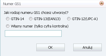 W celu ręcznego utworzenia numeru GTIN należy kliknąć przycisk GS1 obok pola wprowadzania kodu kreskowego a następnie wybrać właściwą formę numeru: GTIN-14 Program utworzy kolejny numer GTIN-14 na