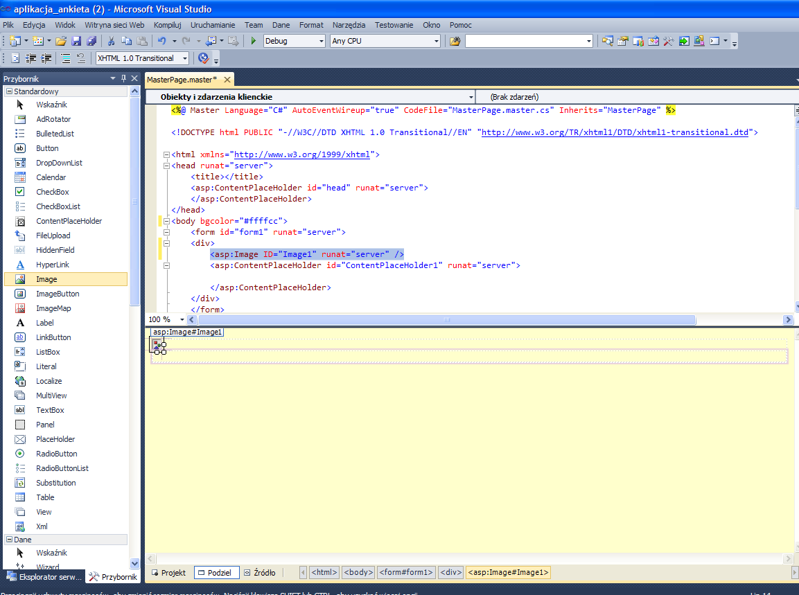 w nagłówku umieścimy dowolną grafikę zatem przenosimy kontrolkę Image proszę zwrócić uwagę