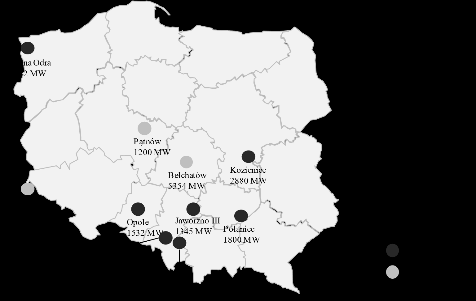 Rysunek 3. Elektrownie w Polsce o mocy zainstalowanej powyżej 1 000 MW w 2013 r. Źródło: Opracowanie własne Moc zainstalowana w Polsce w 2014 r. wynosiła 38,1 GW.