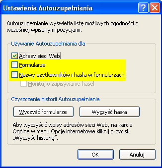 Odznaczamy pole Formularze, Nazwy użytkowników i hasła w formularzach oraz Monituj o zapisywanie haseł.