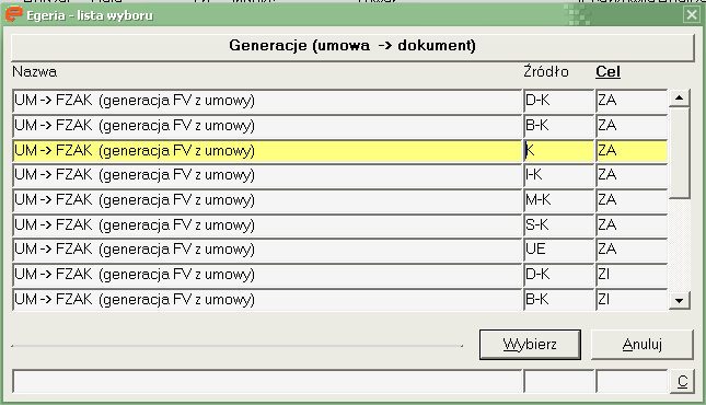 czy generujemy dokument faktury zakupu rodzaju ZA (cel) na podstawie pozycji umów rodzaju UE (źródło) czy generujemy dokument faktury zakupu rodzaju ZI (cel) na podstawie pozycji umów rodzaju K