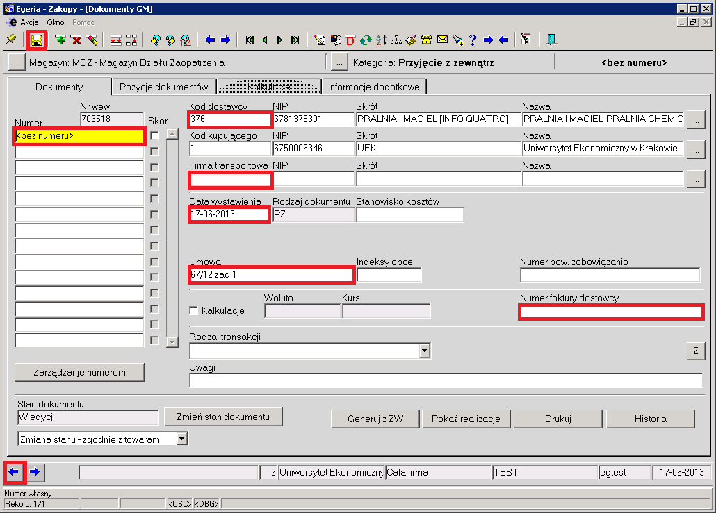 Następnie zostanie otworzony formularz do rejestracji dokumentów magazynowych Dokumenty GM.