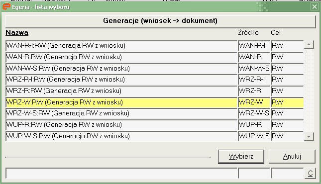 13. Generacja dokumentu rozchodu wewnętrznego RW z pozycji wniosków (WN -> RW). Lista Czynności: 1.