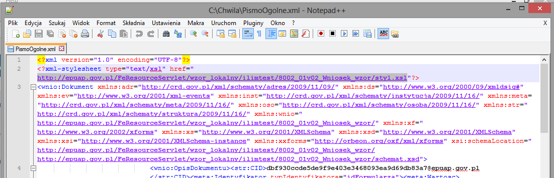 Zapewnienie czytelności dokumentu elektronicznego W pliku odszukujemy fraz styl.xsl, schemat.xsd Dobrze: http://crd.gov.
