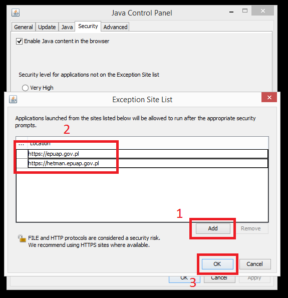 W panelu konfiguracyjnym w zakładce Security należy dodać wyjątki klikając w przycisk Edit Site List a następnie Add (1) i dopisać dwa adresy do listy (2):