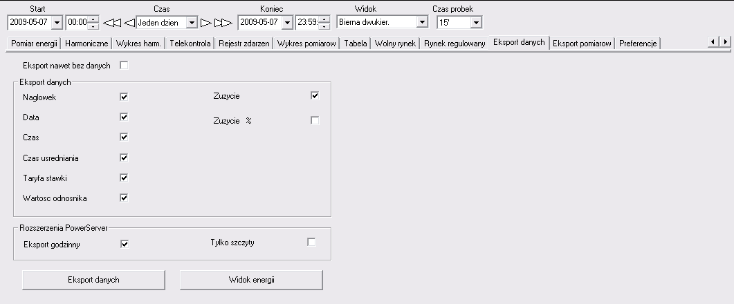 Eksport danych: Zaznacz Eksport danych by eksportować żądane dane z aktualnej zakładki do innych programów, np. EXCEL.