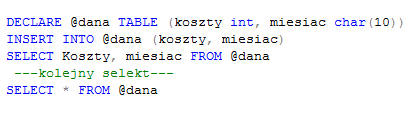 Slajd 17 Zmienne tablicowe Przykład Lekcja 7 widoki i funkcje Na początku deklarujemy zmienną tablicową @dana, jej kolumny i ich typy, przypadku zmiennej skalarnej nie możemy użyć SET ale możemy