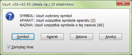 Symbole 2) Kliknij przycisk Usuń i pojawi się okno dialogowe Usuń: Tu znajduje się informacja o ilości składników z tą nazwą znalezionych w projekcie Ilość symboli, które zostaną usunięte, gdy