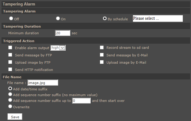 User s manual ver.1.1 WWW INTERFACE - WORKING WITH IP CAMERA 4.2.10. Tampering Tampering alarm allows to determine system reaction to camera manipulation.