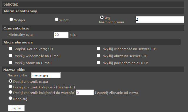 Instrukcja obsługi wer.1.1. INTERFEJS WWW - PRACA Z KAMERĄ 4.2.10. Sabotaż Menu Sabotaż pozwala nam ustawić reakcje kamery na próby jej sabotażu takie jak zasłonięcie kamery.