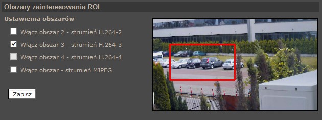 Instrukcja obsługi wer.1.1. INTERFEJS WWW - PRACA Z KAMERĄ 4.3.3. Obszary ROI Menu pozwala na ustawienie obszarów zainteresowania dla strumieni.