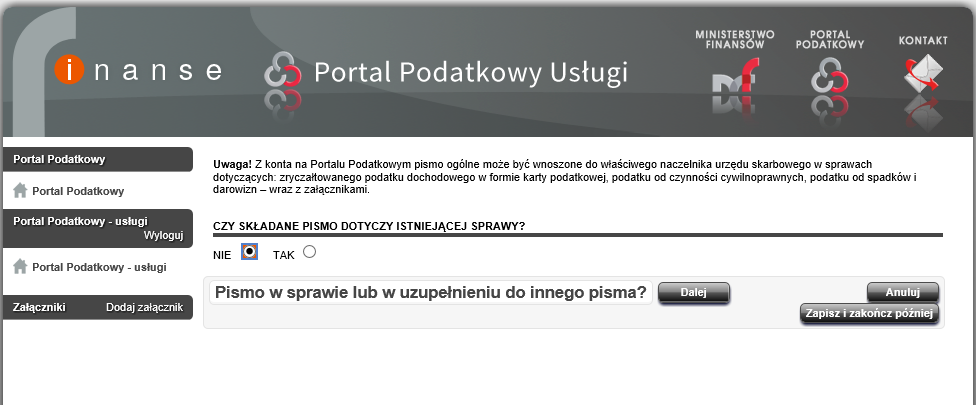 Krok 3 Rysunek 143 Portal Podatkowy usługi Chcę wysłać pismo Na ekranie zostanie wyświetlone okno przedstawione na rysunku powyżej, w którym w sekcji CO DALEJ? należy wybrać link Chcę wysłać pismo.