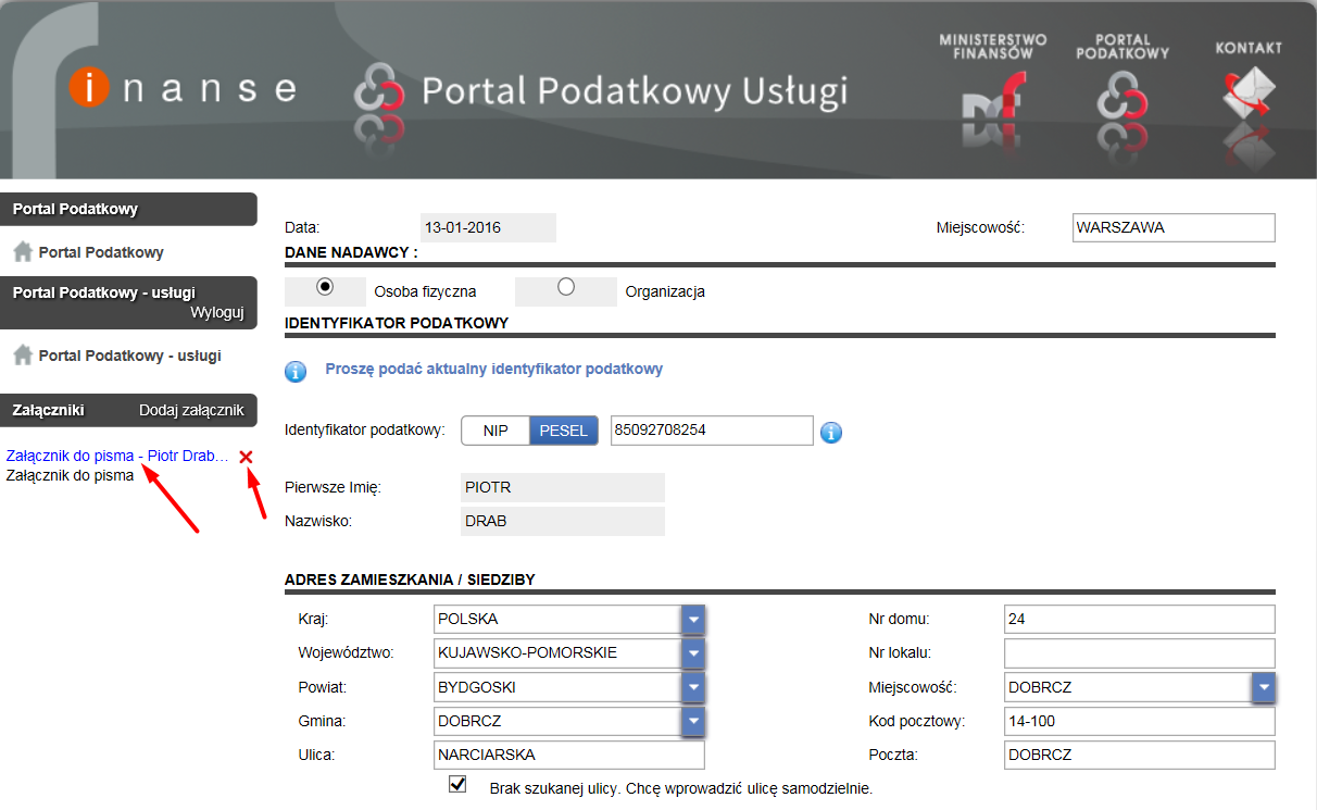 Rysunek 147 Portal Podatkowy usługi Wybór pliku do załączenia Na ekranie zostanie wyświetlone okno Wybierz plik do załączenia, w którym należy uzupełnić opis załącznika oraz wybrać z dysku plik,