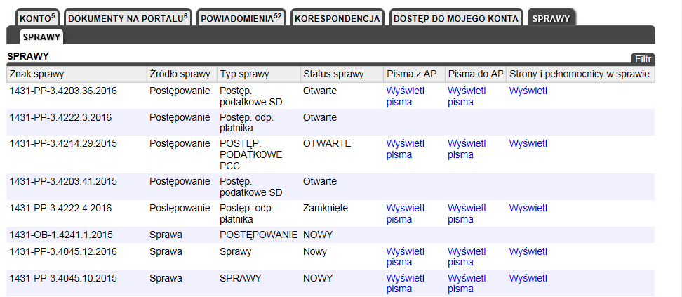 7.11.6 Zakładka SPRAWY Rysunek 160 Portal Podatkowy usługi Zakładka SPRAWY W zakładce SPRAWY prezentowana jest lista spraw prowadzonych przez AP w stosunku do podmiotu.