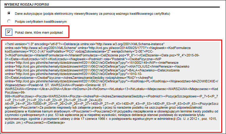 W tym celu należy zaznaczyć pole wyboru Pokaż dane, które mam podpisać.