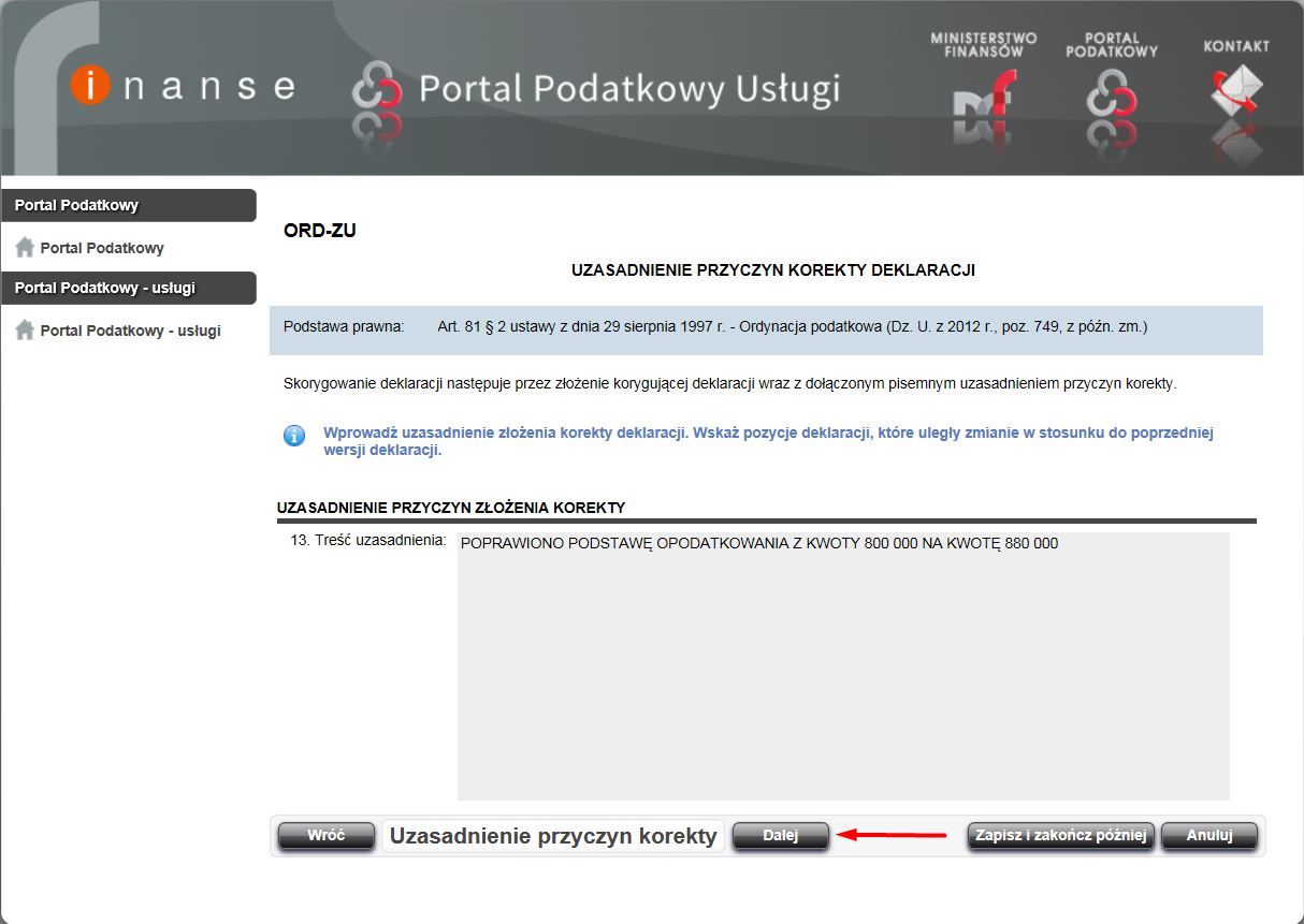 Krok 6 Po sprawdzeniu podsumowania korekty dokumentu należy wybrać przycisk Dalej, który znajduje się na dole ekranu.